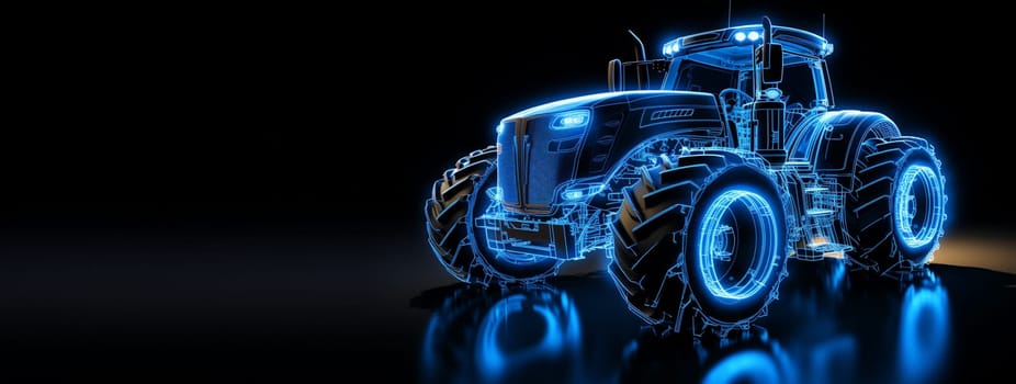 Farm Tractor Concept. 3d illustration in wireframe style. The layers of visible and invisible lines are separated. Technology background for smart farming or agriculture template. High quality photo