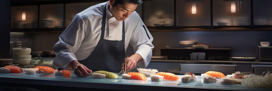 A man in a restaurant kitchen expertly prepares sushi with precision and skill.