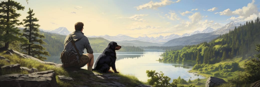 A painting depicting a man and his loyal canine companion observing a lake.