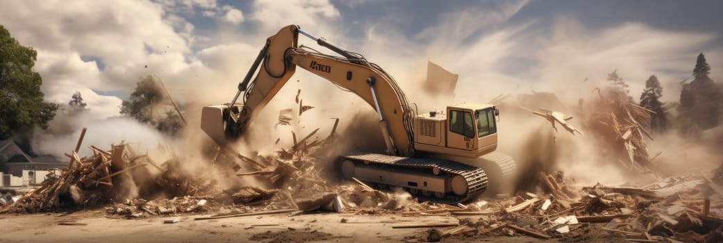A bulldozer breaks through a pile of rubble left behind from a house demolition.