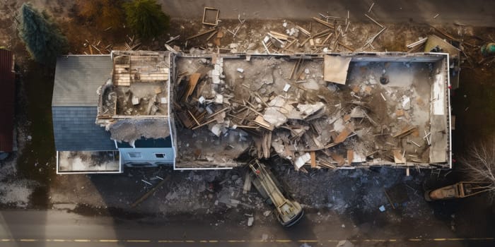 This aerial photo showcases the aftermath of a fire-damaged house that has undergone demolition, revealing the extent of destruction.