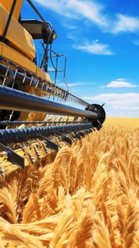 A massive yellow combine machine at work, meticulously harvesting a bountiful wheat crop in a vast field.