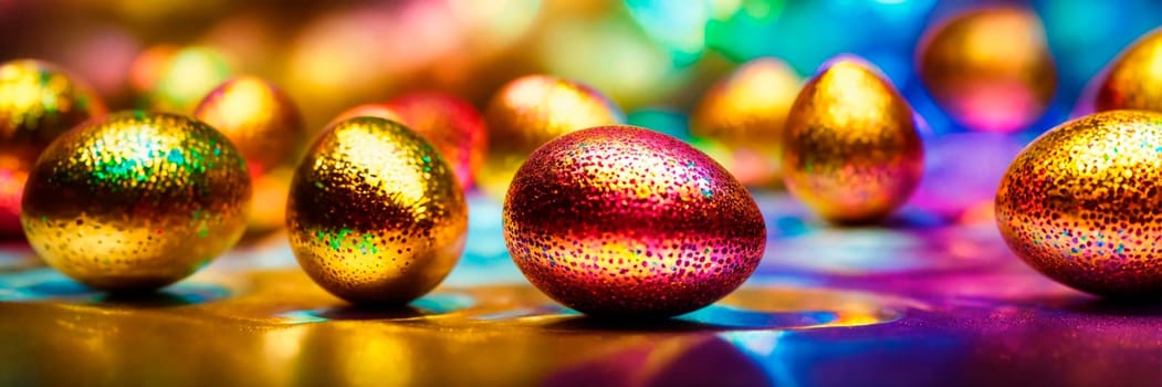 holographic Easter eggs on a shiny background. Selective focus. nature.