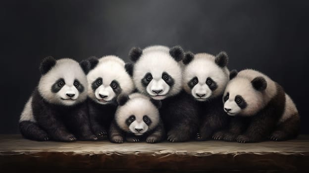 group portrait of cute fluffy pandas on a large stone on a dark background, sitting together amicably and peacefully, sacred Chinese animal, Generated AI