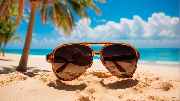 Glasses are lying on the beach. Selective focus. Sea.