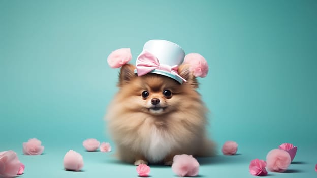 Cute red fluffy spitz with wearing a hat with a peach flower on a blue background, favorite Easter pet, copy space, Generated AI