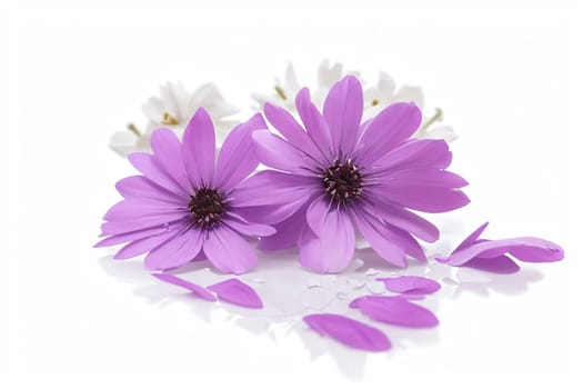 Beautiful white and purple flowers, isolated on white background. AI generated image.