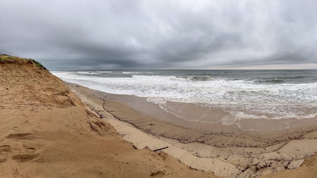 Ovar, Portugal - February 11, 2024: Storm Karlota worsens the fragile dune protection on Maceda's beach.