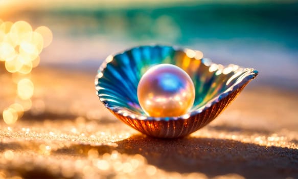 pearl in a shell on the seashore. Selective focus. nature.