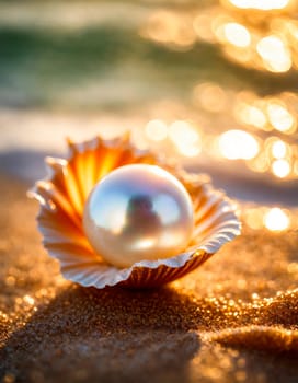 pearl in a shell on the seashore. Selective focus. nature.