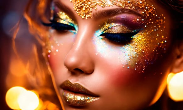 Woman face with beautiful shiny makeup. Selective focus. Gold.