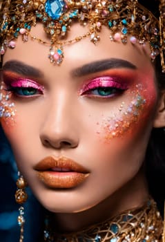 Woman face with beautiful shiny makeup. Selective focus. Gold.