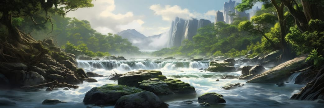 A painting depicting a river flowing amidst a rocky landscape.
