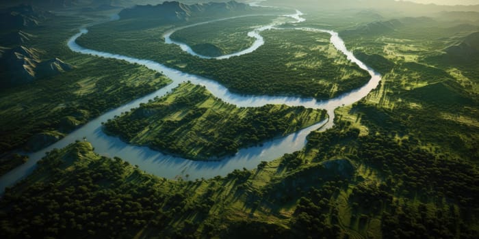 This aerial photograph captures the beauty of a river as it winds its way through a vibrant, green valley.