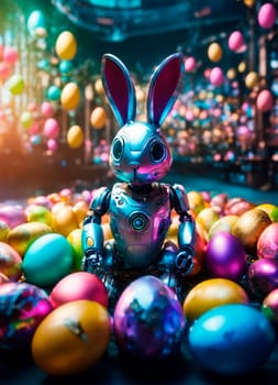 Robot bunny Easter eggs. Selective focus. Holiday.