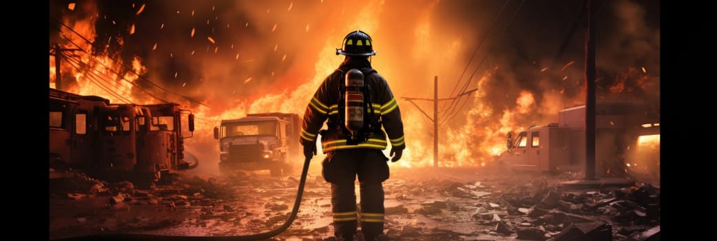 A firefighter bravely stands in front of a raging fire, equipped to combat the dangerous flames.