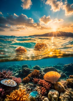 shells and starfish on the seashore. Selective focus. nature.