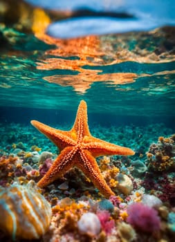 shells and starfish on the seashore. Selective focus. nature.