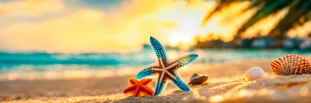 shells and starfish on the seashore. Selective focus. nature.