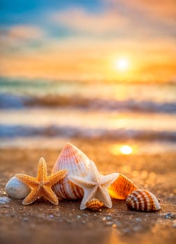 shells and starfish on the seashore. Selective focus. nature.