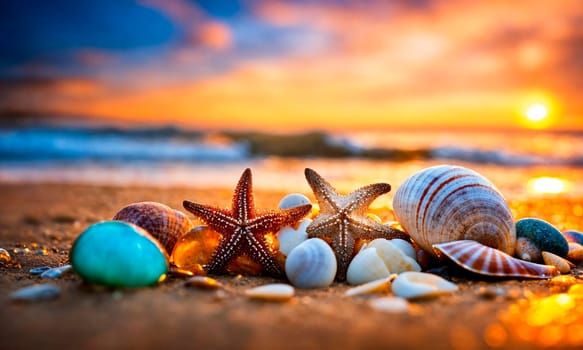 shells and starfish on the seashore. Selective focus. nature.