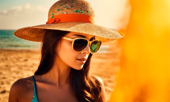 woman in a hat on a tropical beach. Selective focus. people.