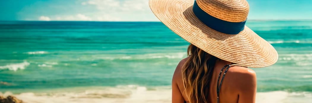 woman in a hat on a tropical beach. Selective focus. people.