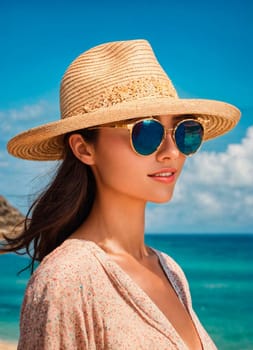 woman in a hat on a tropical beach. Selective focus. people.