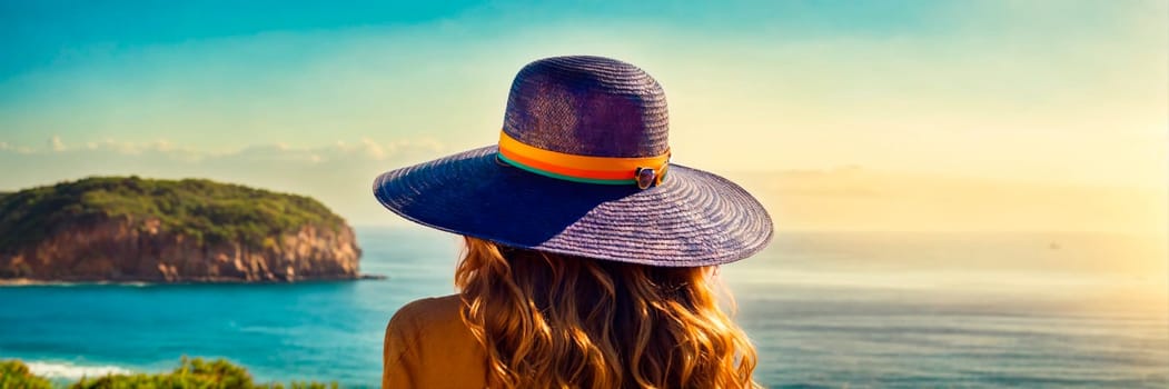 woman in a hat on a tropical beach. Selective focus. people.