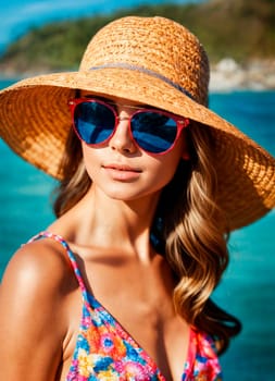 woman in a hat on a tropical beach. Selective focus. people.