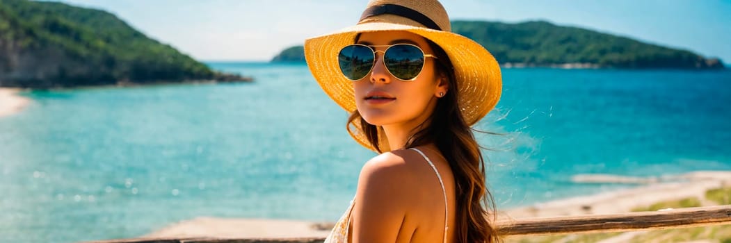 woman in a hat on a tropical beach. Selective focus. people.