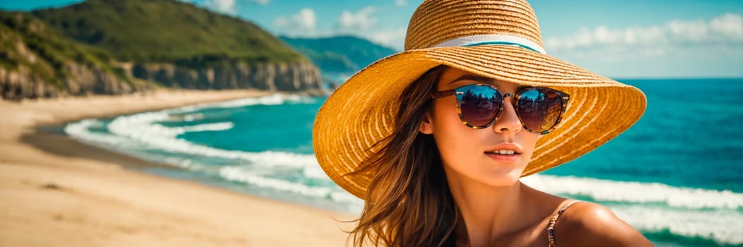 woman in a hat on a tropical beach. Selective focus. people.