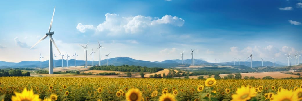 A scenic view capturing a field filled with vibrant sunflowers, with windmills visible in the distance.