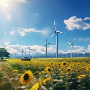 A scenic view of a vast field filled with vibrant sunflowers, with the presence of distant wind turbines adding an industrial touch to the landscape.