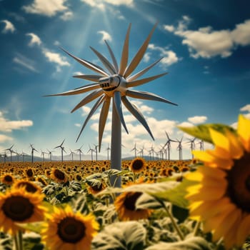 A photo capturing a vast field of sunflowers with a windmill standing in the background.