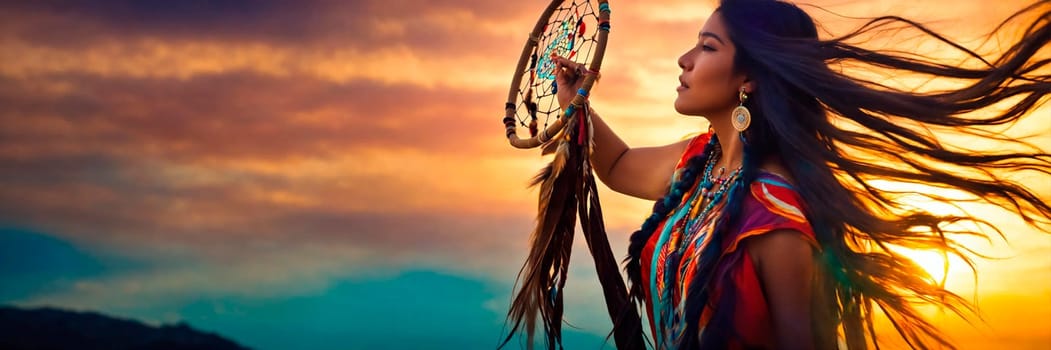 Indian woman with dream catcher on her neck. Selective focus. people.