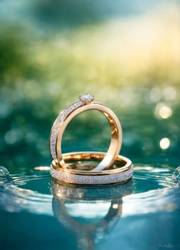 gemstones gold wedding rings. Selective focus. happy.