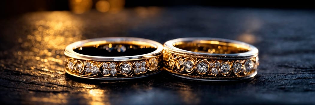 gemstones gold wedding rings. Selective focus. happy.