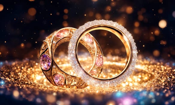 gemstones gold wedding rings. Selective focus. happy.