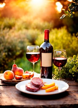 bottle of wine with fruit and food on the background of a vineyard. Selective focus. food.