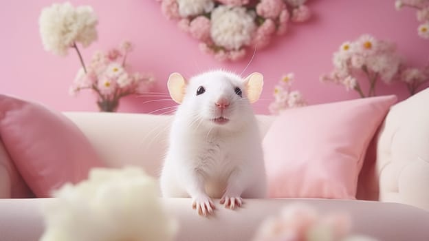small tame white mouse sits among flowers on a soft sofa in a luxury interior, rodent, Spring Easter portrait of a cute pet, Genereated AI