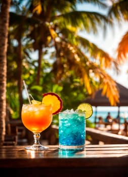 various cocktails on the bar overlooking the sea. Selective focus. drink.