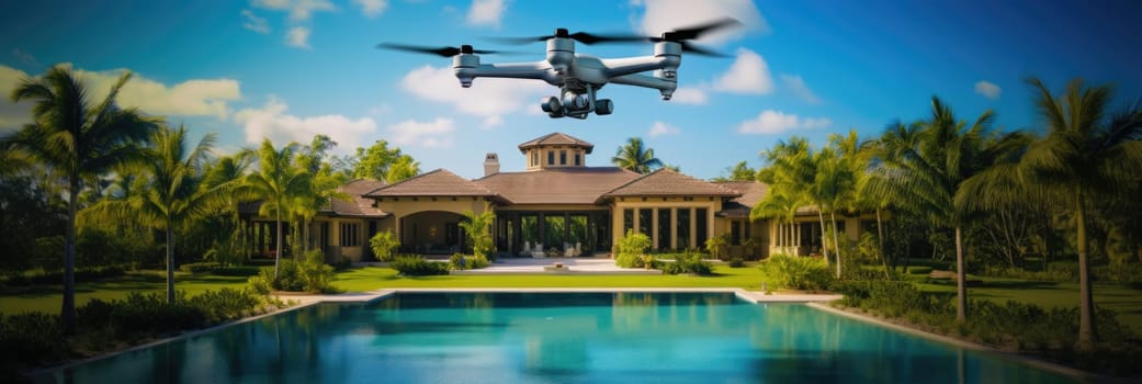A large propeller plane flies above a swimming pool adjacent to a mansion, creating an impressive sight.