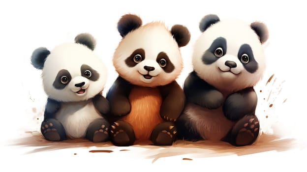 three cute cheerful fluffy pandas in a clearing sitting amicably and peacefully together, Generated AI