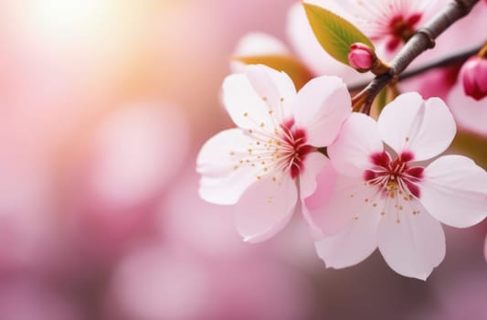 Cherry blossom flower blooming. Pink sakura flower background. Pink cherry blossom, isolated Sakura tree branch. For card, banner, invitation, social media post, poster, mobile apps, advertising