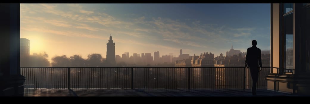 A person stands on a balcony, overlooking a city, while others can be seen smoking.