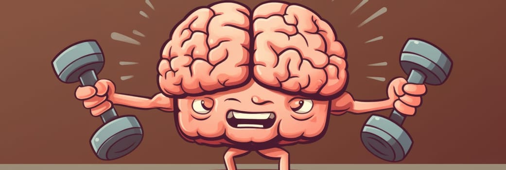 A cartoon brain holding two dumbbells in its hands, showcasing strength and intellect.