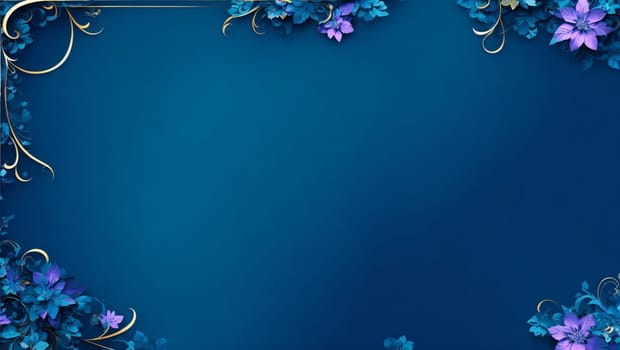 Beautiful background of illustrated flowers with bluish background and golden details. Generative AI.