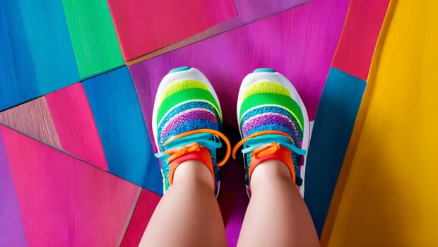 Girl's feet in colorful sports shoes for exercise. Generative AI.
