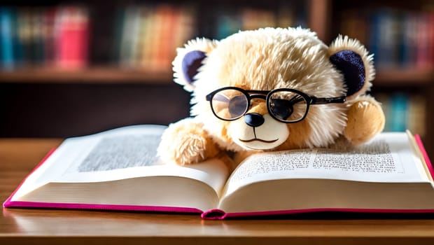 Teddy bear with glasses reading in a library. Generative AI.